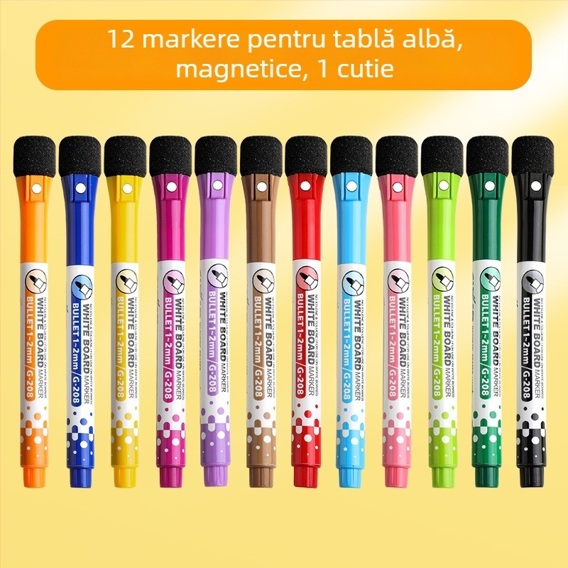 Markere magnetice lavabile pentru tablă albă, colorate - set de 12 culori cu magneți pentru frigider
