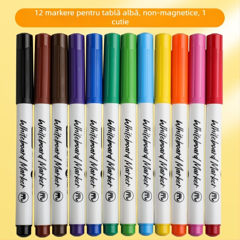 Markere magnetice lavabile pentru tablă albă, colorate - set de 12 culori cu magneți pentru frigider