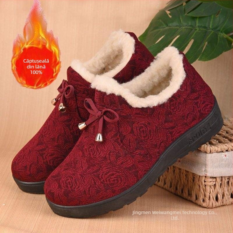 Pantofi de iarnă pentru femei, din material textil, cu căptușeală din lână, calzi și anti-derapare, pentru femei în vârstă