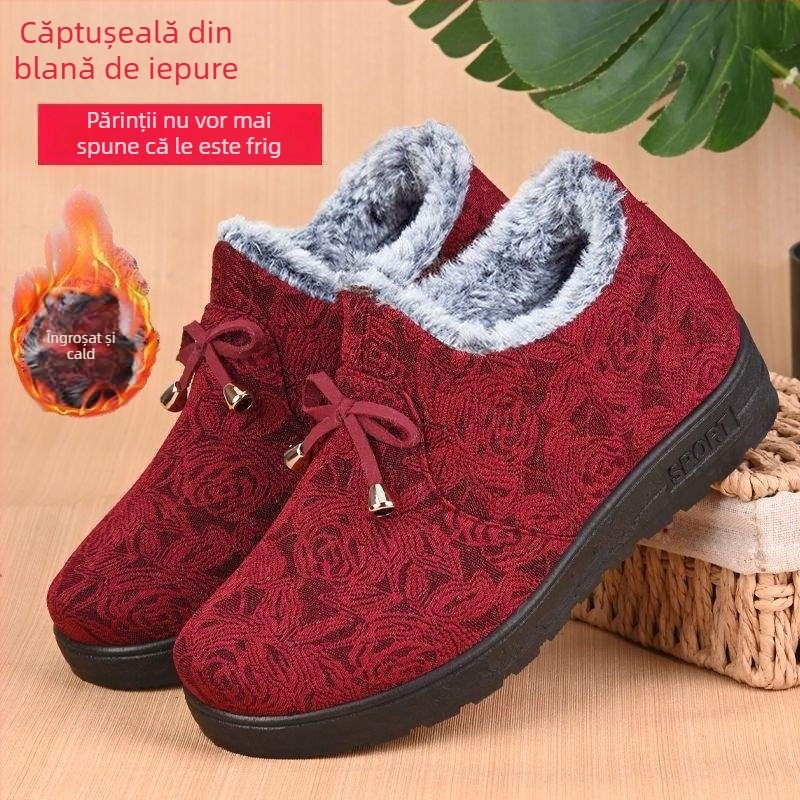 Pantofi de iarnă pentru femei, din material textil, cu căptușeală din lână, calzi și anti-derapare, pentru femei în vârstă