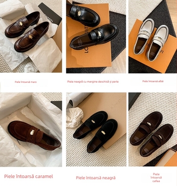 Loafer din piele naturală pentru femei, cataramă cu monedă aurie, slip-on, stil retro britanic, vârf rotund, talpă joasă