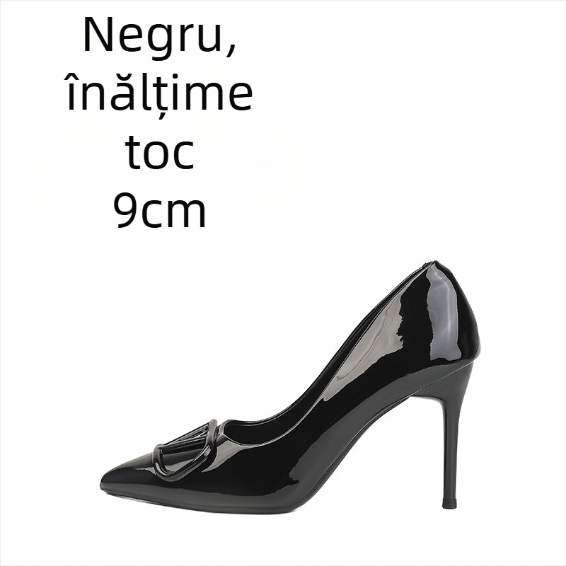 Pantofi stiletto nude din piele patentată pentru femei – 2025 model nou, cataramă în formă de V, vârf ascuțit, toc stiletto, vamp superficial