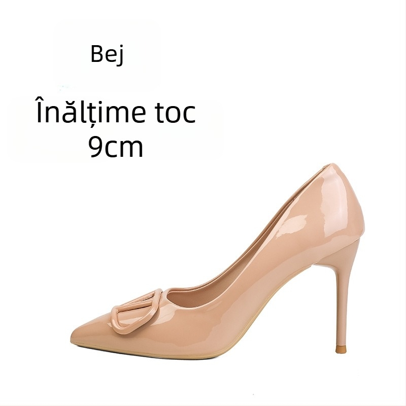 Pantofi stiletto nude din piele patentată pentru femei – 2025 model nou, cataramă în formă de V, vârf ascuțit, toc stiletto, vamp superficial