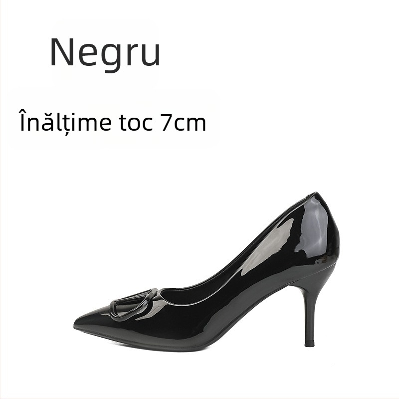 Pantofi stiletto nude din piele patentată pentru femei – 2025 model nou, cataramă în formă de V, vârf ascuțit, toc stiletto, vamp superficial