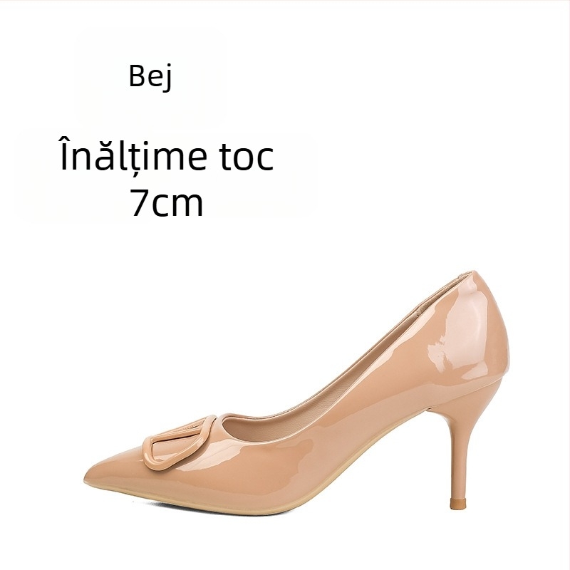 Pantofi stiletto nude din piele patentată pentru femei – 2025 model nou, cataramă în formă de V, vârf ascuțit, toc stiletto, vamp superficial