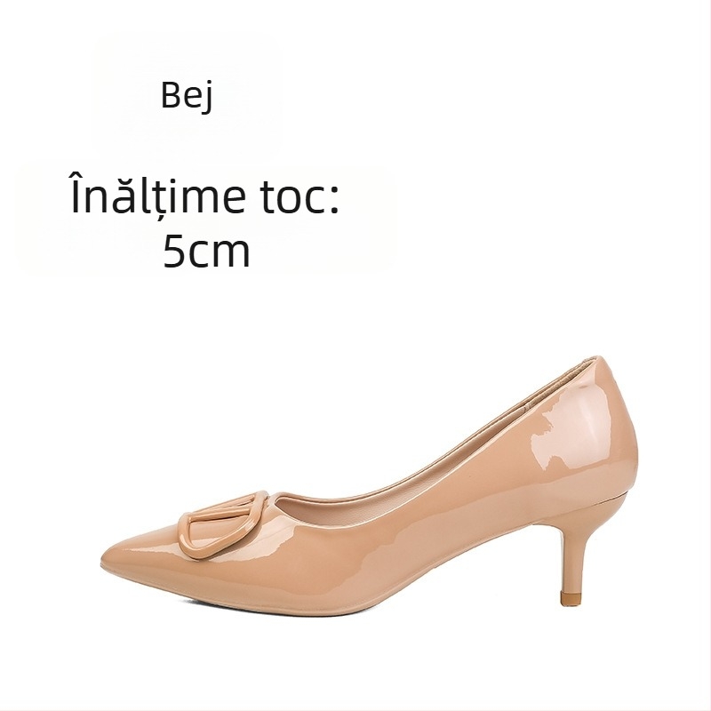 Pantofi stiletto nude din piele patentată pentru femei – 2025 model nou, cataramă în formă de V, vârf ascuțit, toc stiletto, vamp superficial