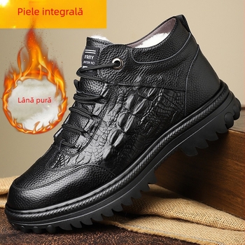 Pantofi de iarnă pentru bărbați din piele de vițel primă calitate, căptușiți cu lână, înalți, groși, calzi, cu model crocodil și șireturi frontale