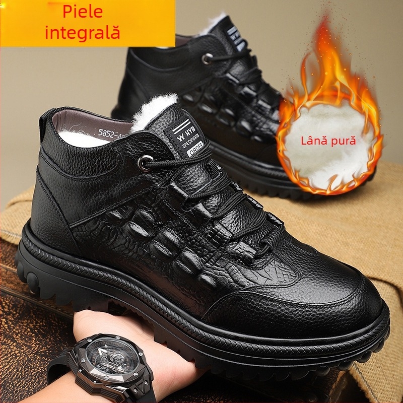Pantofi de iarnă pentru bărbați din piele de vițel primă calitate, căptușiți cu lână, înalți, groși, calzi, cu model crocodil și șireturi frontale