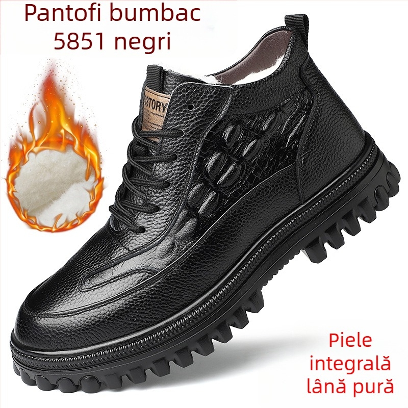 Pantofi de iarnă pentru bărbați din piele de vițel primă calitate, căptușiți cu lână, înalți, groși, calzi, cu model crocodil și șireturi frontale