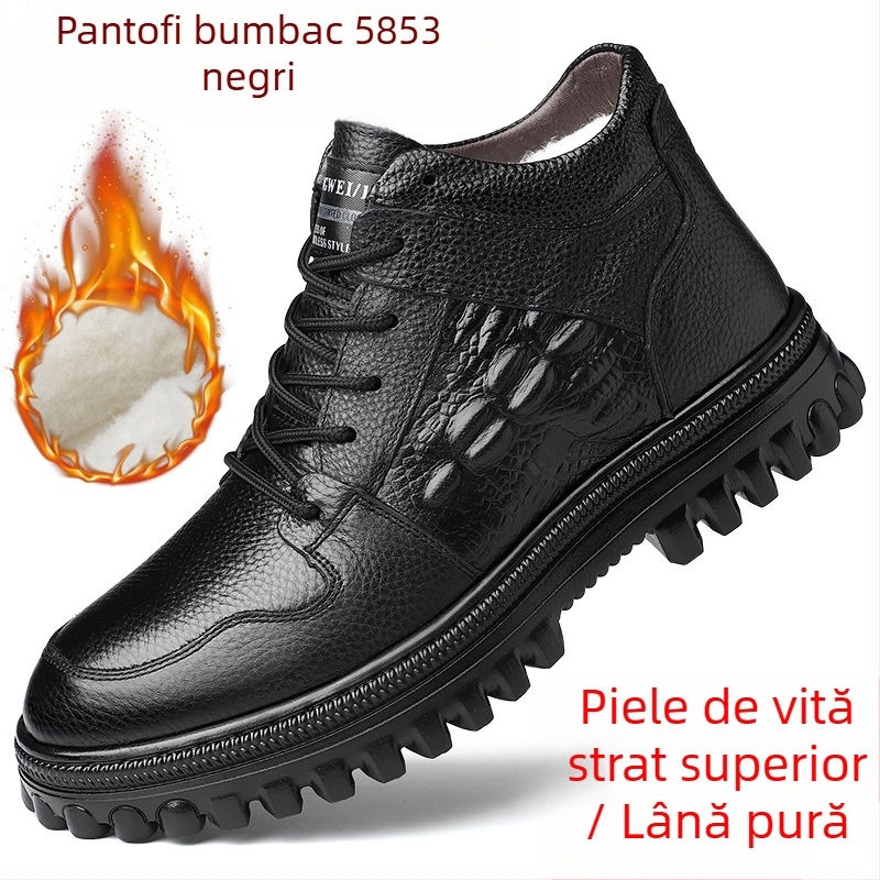 Pantofi de iarnă pentru bărbați din piele de vițel primă calitate, căptușiți cu lână, înalți, groși, calzi, cu model crocodil și șireturi frontale