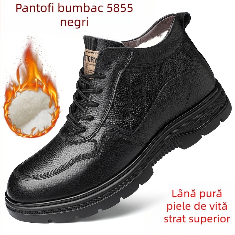 Pantofi de iarnă pentru bărbați din piele de vițel primă calitate, căptușiți cu lână, înalți, groși, calzi, cu model crocodil și șireturi frontale