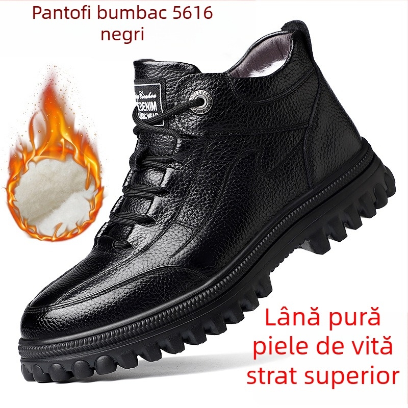 Pantofi de iarnă pentru bărbați din piele de vițel primă calitate, căptușiți cu lână, înalți, groși, calzi, cu model crocodil și șireturi frontale