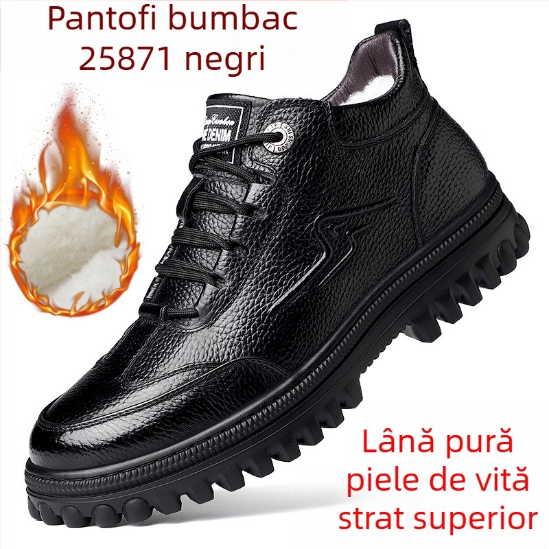 Pantofi de iarnă pentru bărbați din piele de vițel primă calitate, căptușiți cu lână, înalți, groși, calzi, cu model crocodil și șireturi frontale
