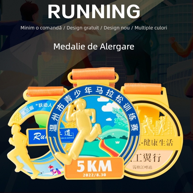 Medalie de maraton cu imprimare color, personalizabilă pentru alergare urbană și cross-country – medalie memorială cu plachetă