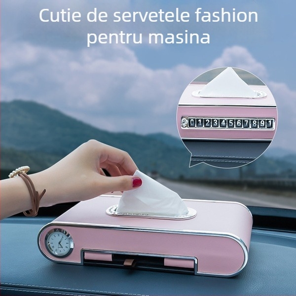 baixhur Accesoriu auto: Organizator multifuncțional cu ceas, slot pentru card, suport pentru telefon și cutie de șervețele