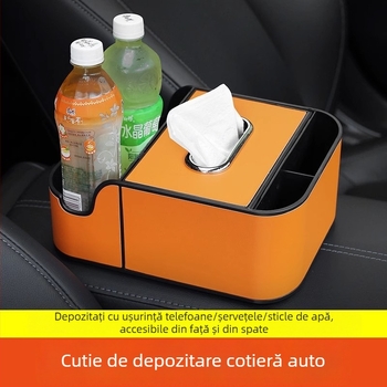 Cutie de cotieră din piele pentru mașină, cu suport pentru șervețele și suport pentru pahar, organizator interior