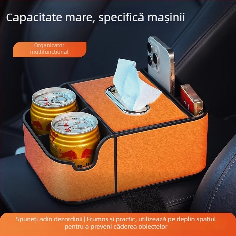 Cutie de cotieră din piele pentru mașină, cu suport pentru șervețele și suport pentru pahar, organizator interior