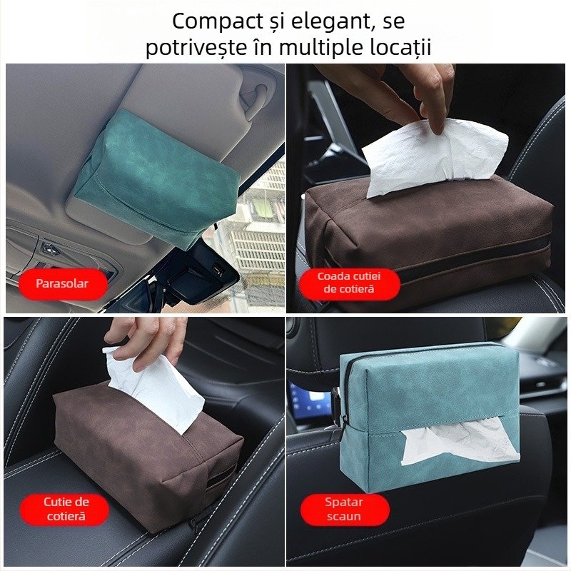 Cutie pentru șervețele pentru spatele scaunului auto, cu piele ecologică tip suede, cu deschidere prin tragere, multifuncțional