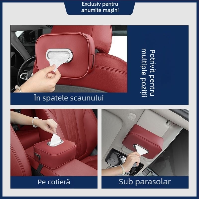 Cutie de șervețele auto cu suport pentru cotieră și montaj pe spatele scaunului