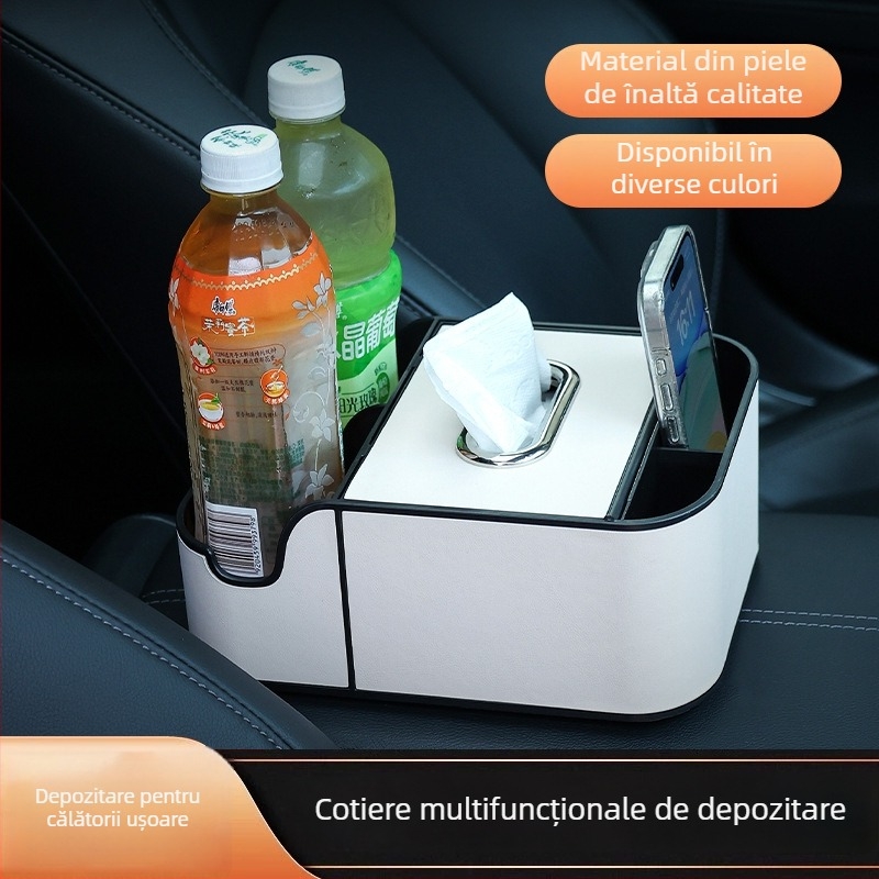 Cutie de șervețele pentru mașină din ABS – organizator multifuncțional cu suport pentru cotieră, model universal
