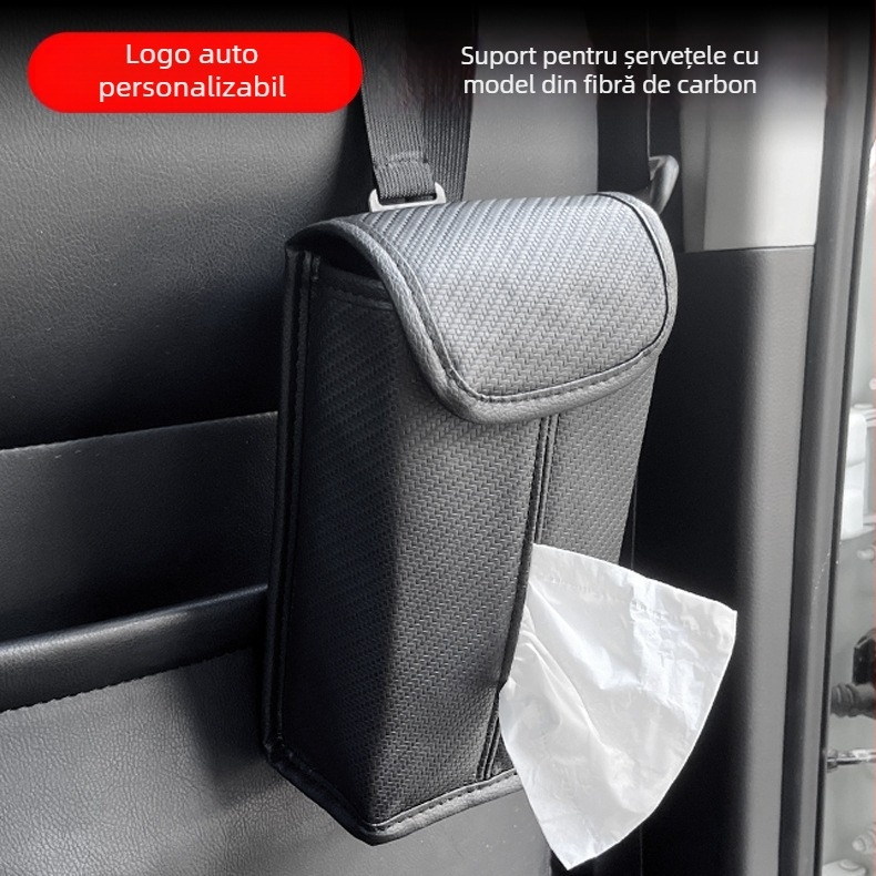 Logo auto personalizabil, suport pentru șervețele auto cu model fibră de carbon, de agățat, accesoriu esențial pentru interiorul mașinii, simplu și durabil