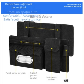 Organizator auto multifuncțional pentru visorul solar, cu husă pentru ochelari, suport pentru carduri și buzunar pentru șervețele