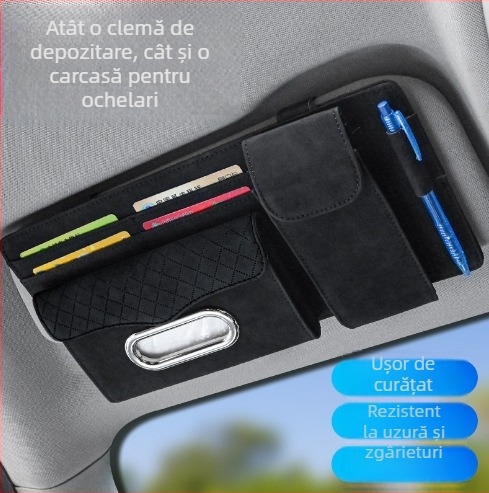 Organizator auto multifuncțional pentru visorul solar, cu husă pentru ochelari, suport pentru carduri și buzunar pentru șervețele