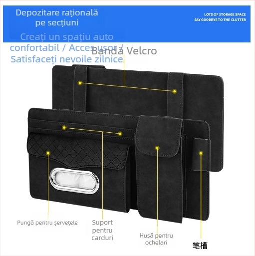 Organizator auto multifuncțional pentru visorul solar, cu husă pentru ochelari, suport pentru carduri și buzunar pentru șervețele