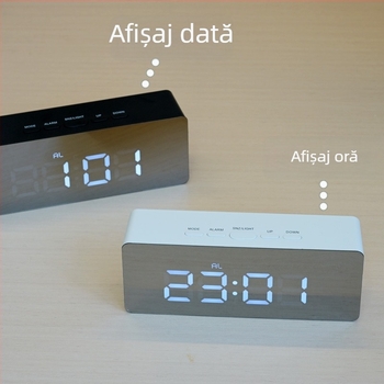 Ceas digital LED oglindă multifuncțional cu alarmă, termometru și calendar — alimentare la priză sau baterie, design modern pentru birou