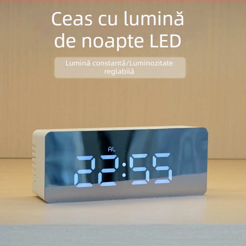 Ceas digital LED oglindă multifuncțional cu alarmă, termometru și calendar — alimentare la priză sau baterie, design modern pentru birou