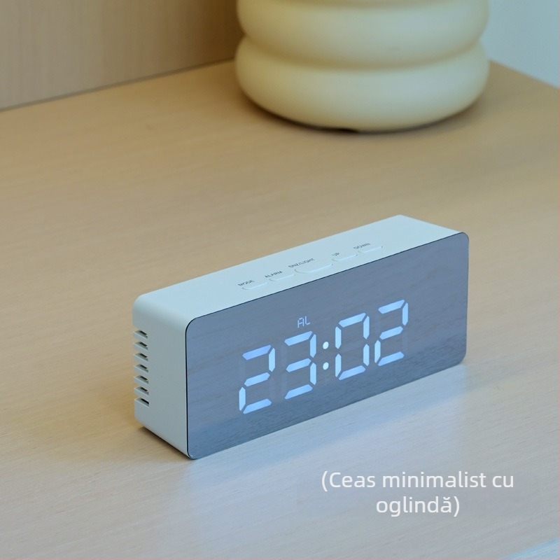 Ceas digital LED oglindă multifuncțional cu alarmă, termometru și calendar — alimentare la priză sau baterie, design modern pentru birou