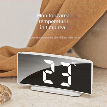 Ceas digital LED curbat cu ecran mare și oglindă, ceas de birou cu alarmă și termometru