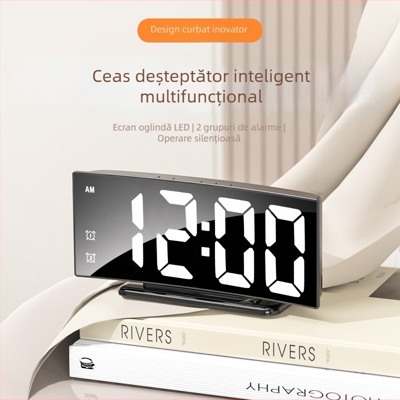 Ceas digital LED curbat cu ecran mare și oglindă, ceas de birou cu alarmă și termometru