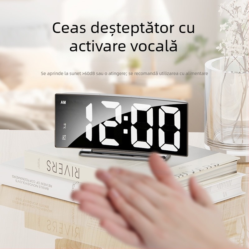 Ceas digital LED curbat cu ecran mare și oglindă, ceas de birou cu alarmă și termometru