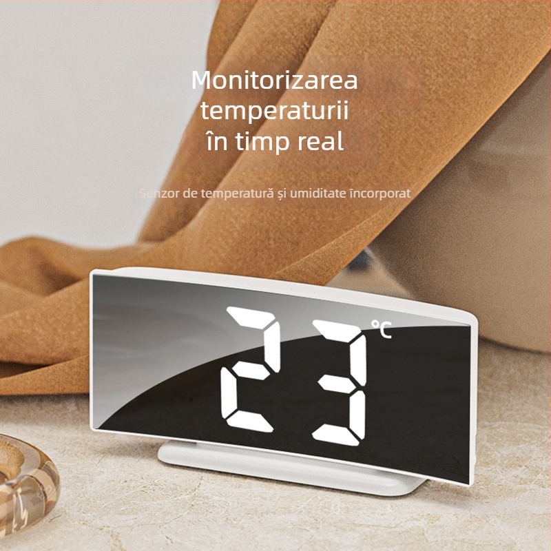Ceas digital LED curbat cu ecran mare și oglindă, ceas de birou cu alarmă și termometru
