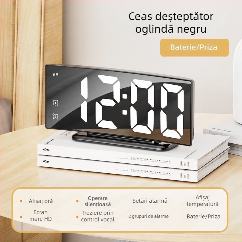 Ceas digital LED curbat cu ecran mare și oglindă, ceas de birou cu alarmă și termometru