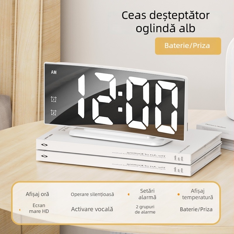 Ceas digital LED curbat cu ecran mare și oglindă, ceas de birou cu alarmă și termometru