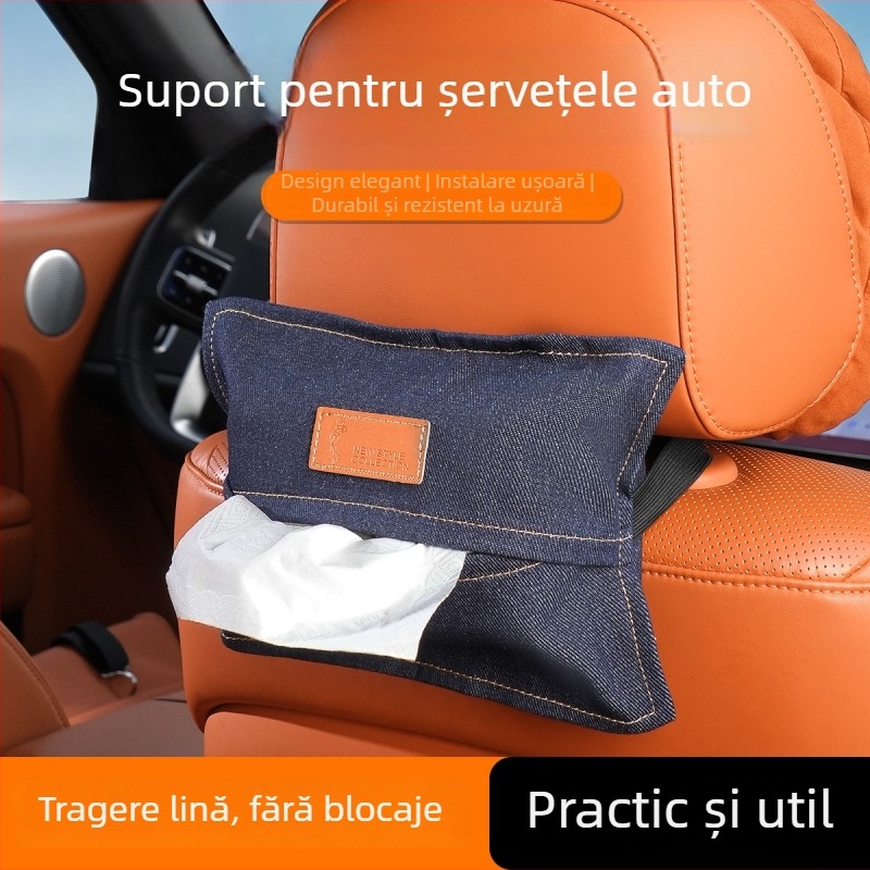Cutie de șervețele auto, în stil denim, agățată de parasolarul auto