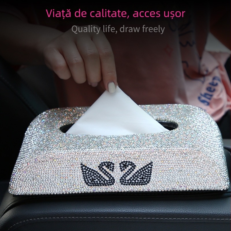 Cutie pentru șervețele auto, încrustată cu diamante, în formă de două lebede, decor interior