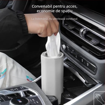 Cutie cilindrică pentru șervețele auto, din piele, montare pe spatele scaunului, dimensiuni 17 × 7 cm