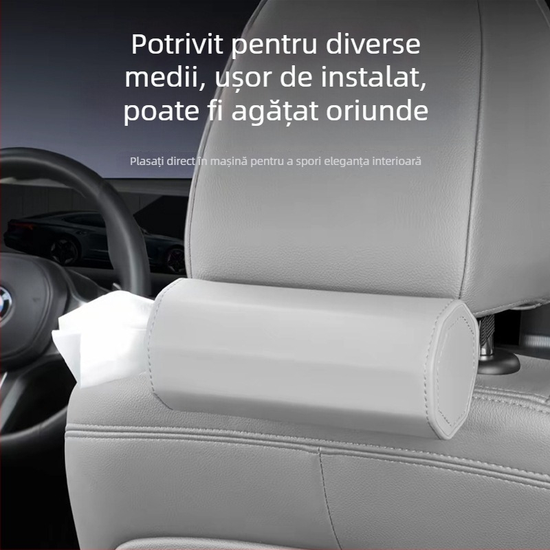 Cutie cilindrică pentru șervețele auto, din piele, montare pe spatele scaunului, dimensiuni 17 × 7 cm