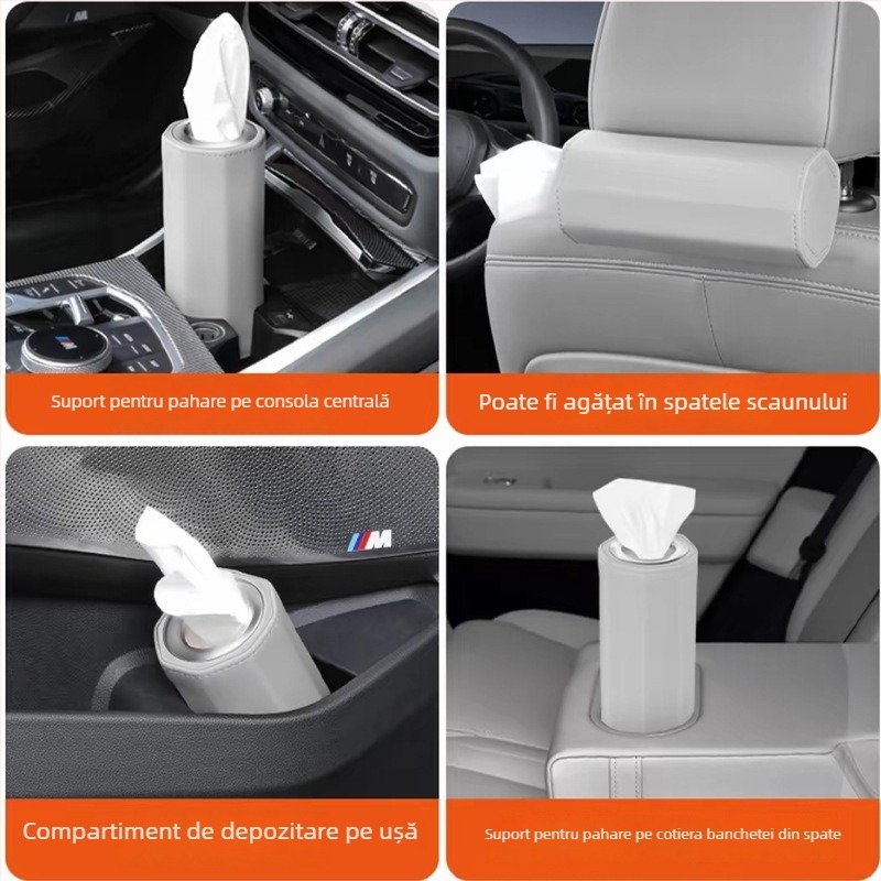 Cutie cilindrică pentru șervețele auto, din piele, montare pe spatele scaunului, dimensiuni 17 × 7 cm