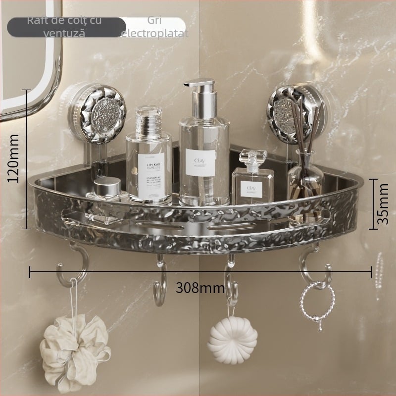 Raft de colț cu ventuze, montat pe perete pentru baie și bucătărie, fără găuri sau adeziv, aspect minimalist luxos