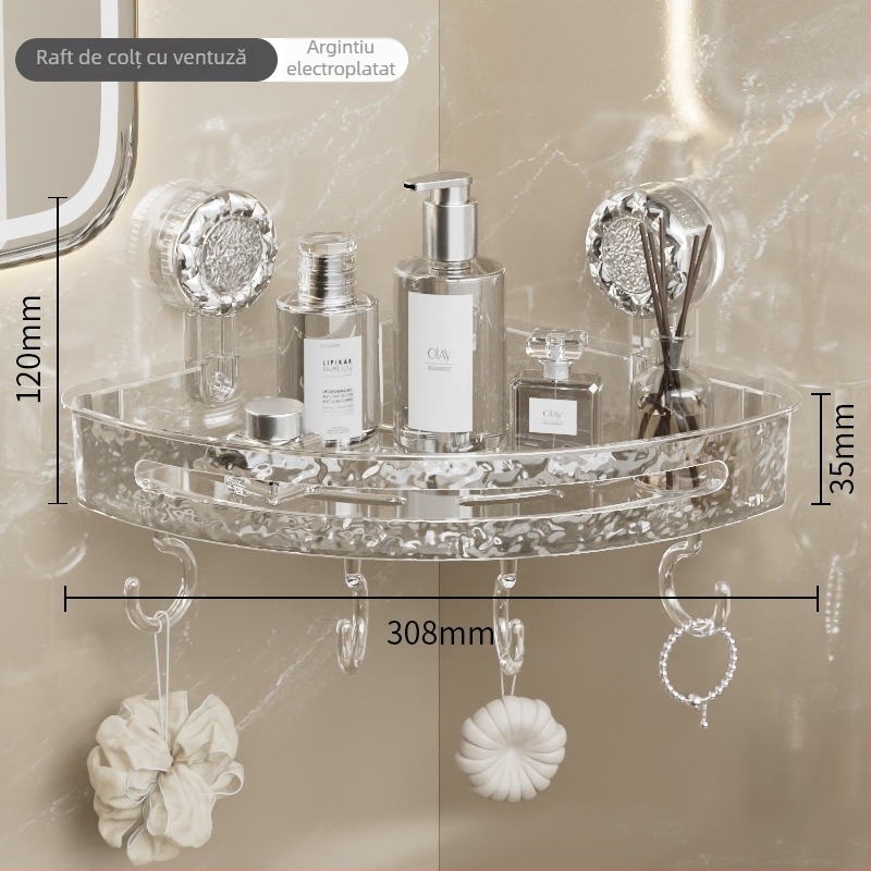 Raft de colț cu ventuze, montat pe perete pentru baie și bucătărie, fără găuri sau adeziv, aspect minimalist luxos