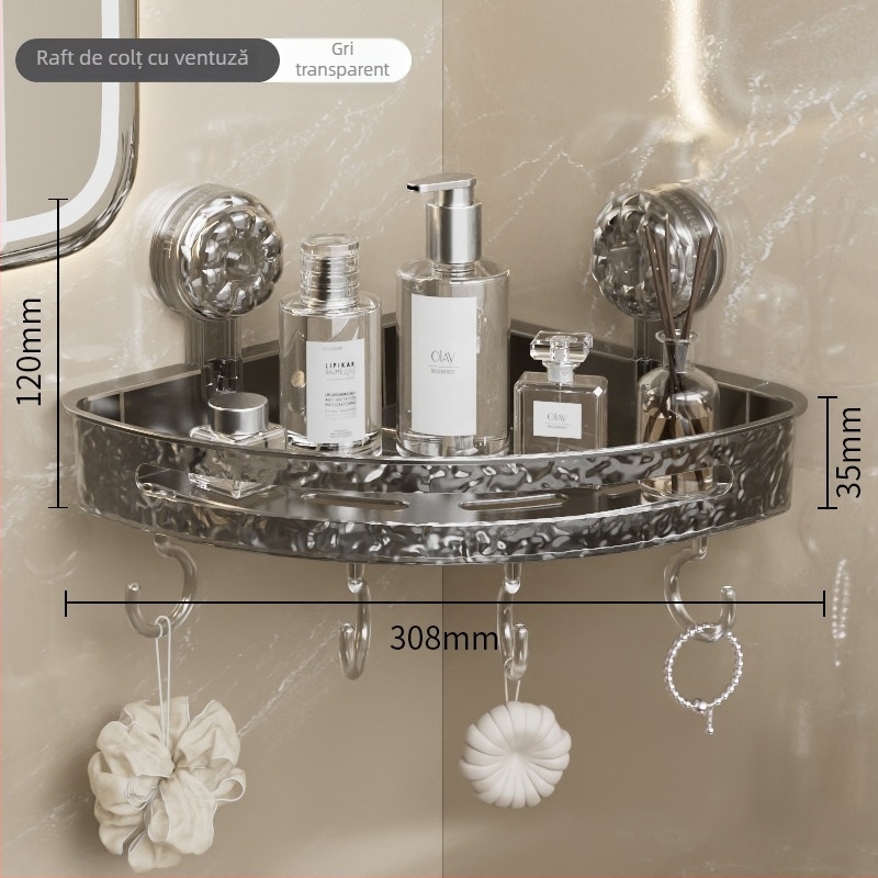 Raft de colț cu ventuze, montat pe perete pentru baie și bucătărie, fără găuri sau adeziv, aspect minimalist luxos