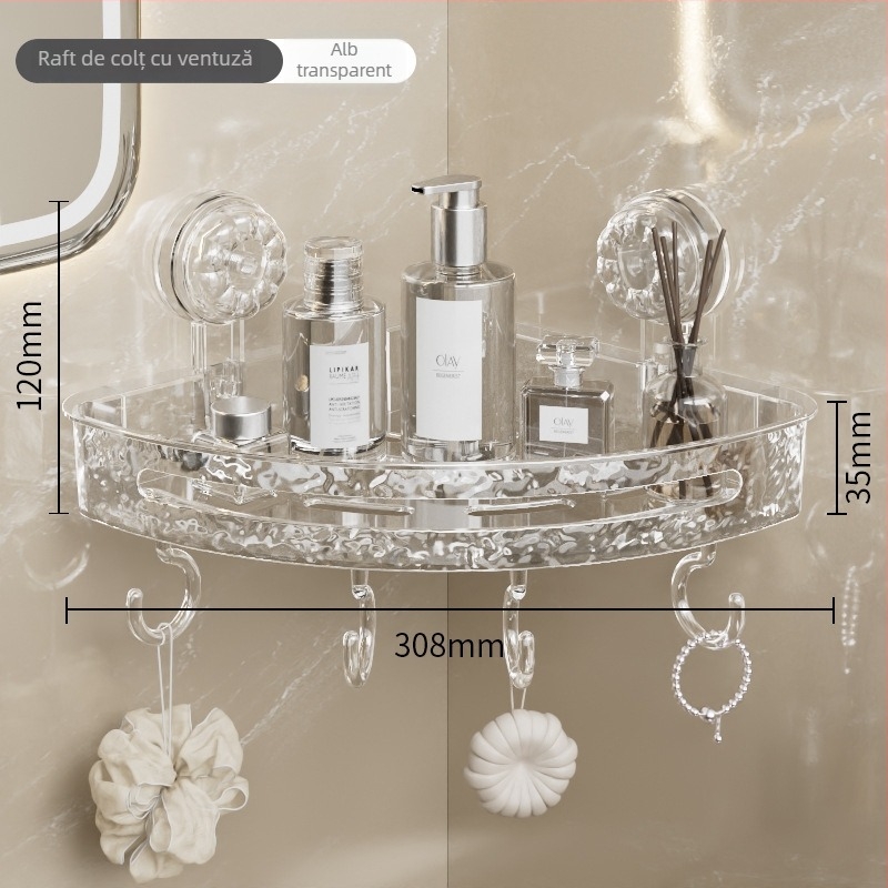 Raft de colț cu ventuze, montat pe perete pentru baie și bucătărie, fără găuri sau adeziv, aspect minimalist luxos