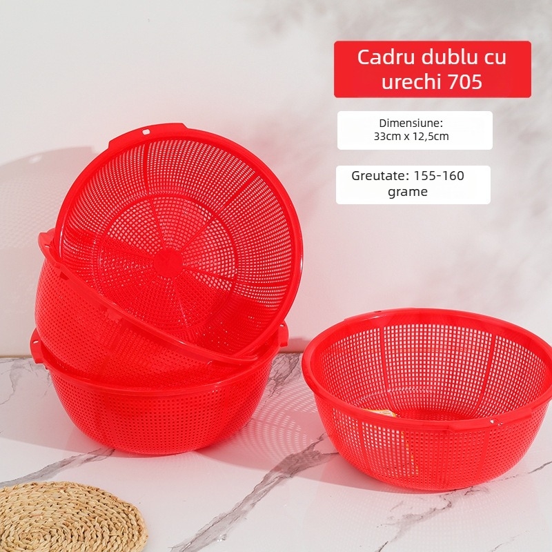 Coș de spălat din plastic, cu două mâneri, pentru orez, legume și fructe, cu sită de scurgere