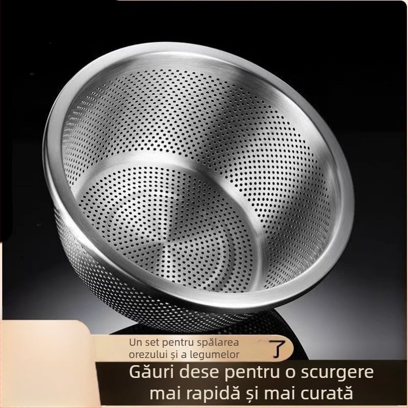 Coș din oțel inoxidabil cu găuri dese, pentru clătirea orezului și spălarea legumelor și fructelor, rotund