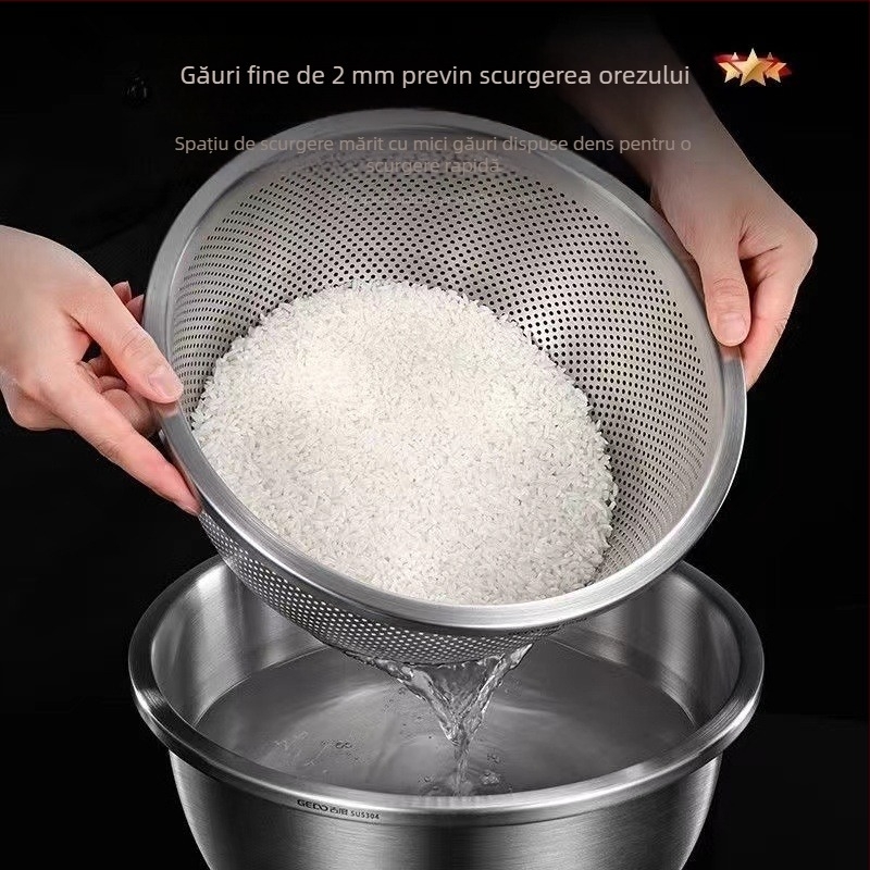 Coș din oțel inoxidabil cu găuri dese, pentru clătirea orezului și spălarea legumelor și fructelor, rotund