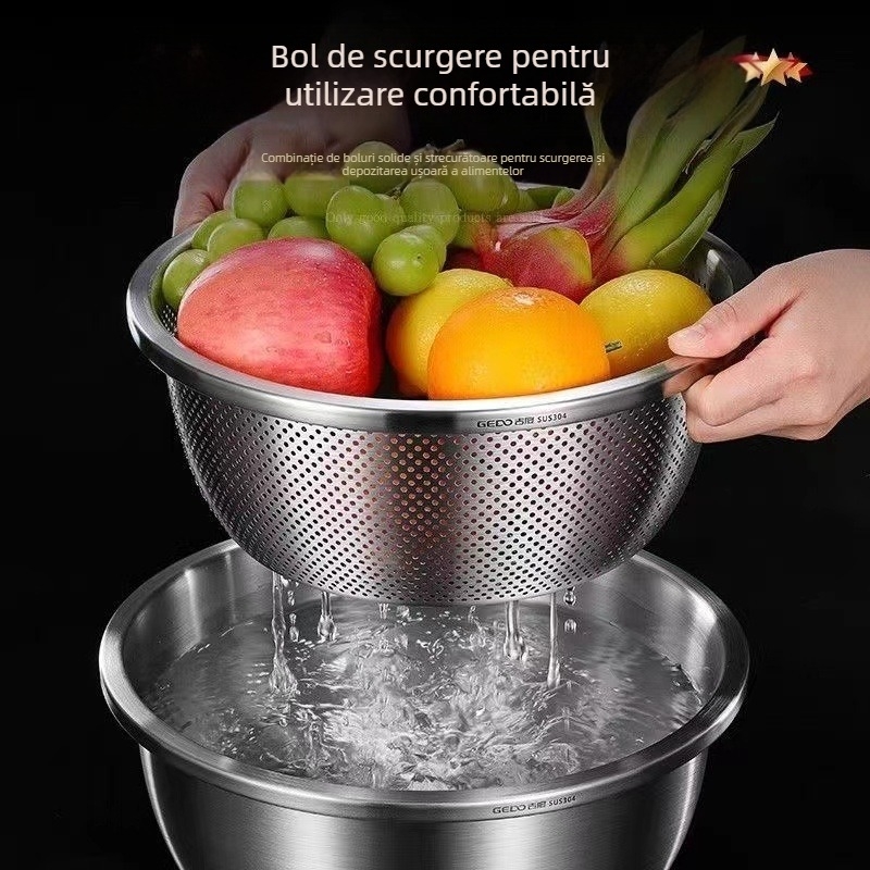 Coș din oțel inoxidabil cu găuri dese, pentru clătirea orezului și spălarea legumelor și fructelor, rotund
